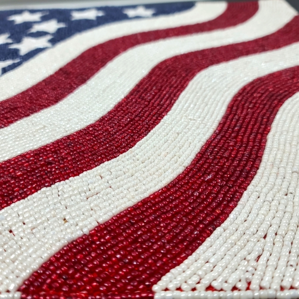 4pc Set Patriotic 4th Of July Flag Square Beaded Placemats Chargers Americana - Picture 3 of 6